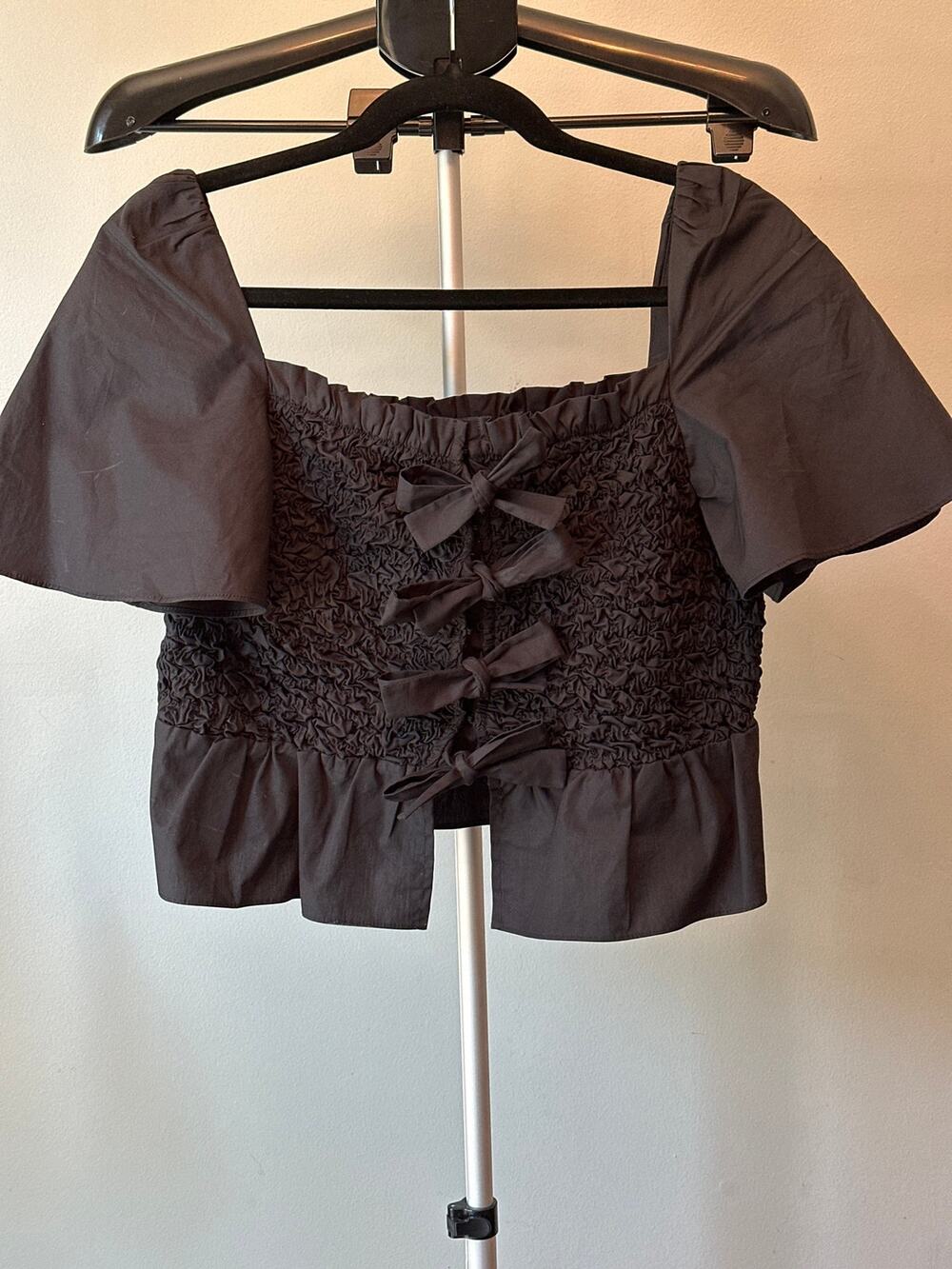 Mare Mare x Anthropologie Black Smocked Bow Back Puff Sleeve Top S Coquette